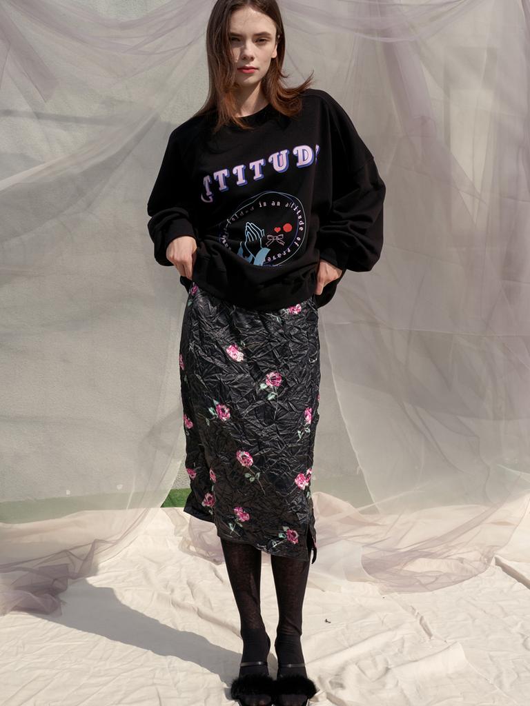 Sorry, Too Much Love White Natural Flower Satin Skirt_Black