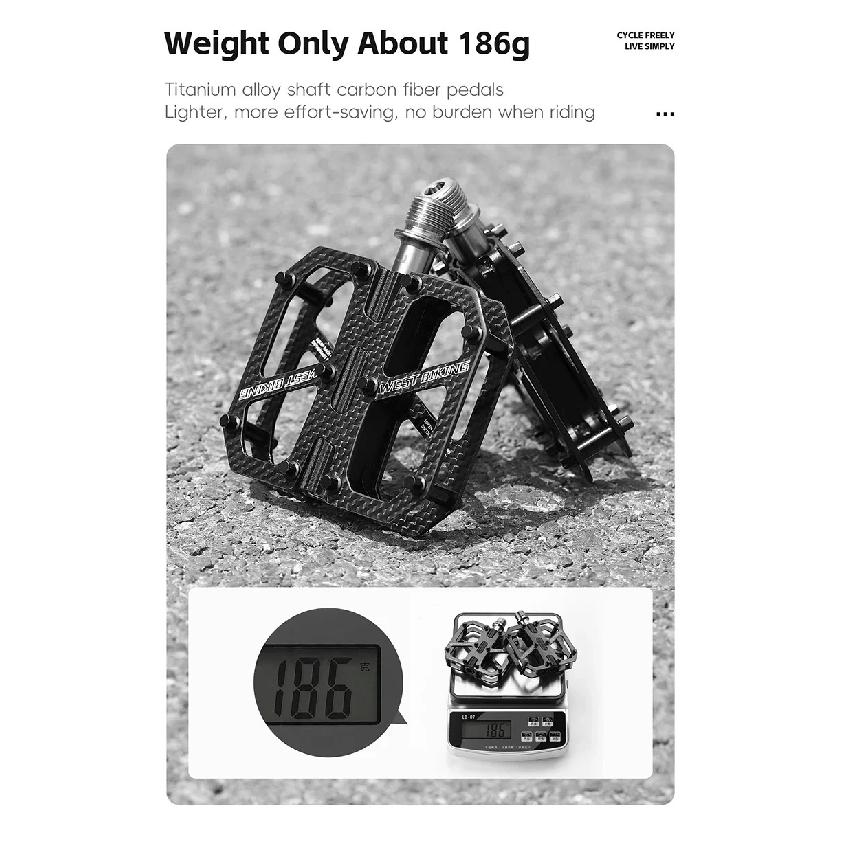 WEST BIKING Carbon Fiber Bicycle Pedals T700 Ultralight Titanium Axle 3 Bearings 2-sided Non-skid Stud MTB Road Bike Accessories