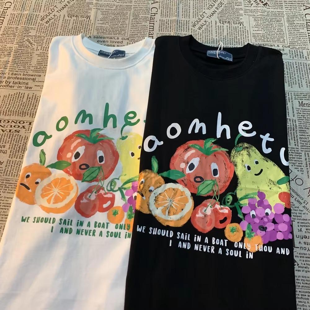 American Retro Fruit Print Round Neck Short Sleeved T-shirt For Men Women Trendy Loose And Versatile Couple Fun Half Sleeved Tee