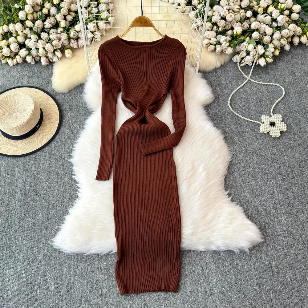 

Шикарное О-образное платье с длинным рукавом и перекрещивающимися узкими бретелями, элегантное женское винтажное корейское сексуальное осенне-зимнее платье One Size кофейный