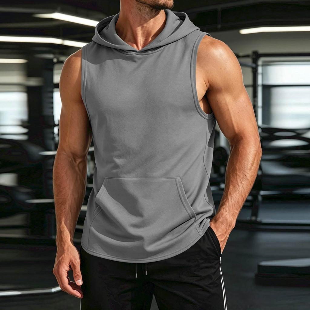 Men's Sleeveless Hoodie Lightweight Quick Dry Sports Vest with Front Pocket for Outdoor Running Gym Training
