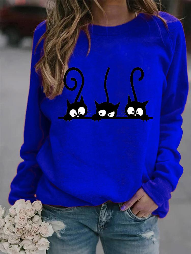 Women Winter Long Sleeved Casual Round Neck Black Cats Printed Loose Sweatshirt Tops & Blouses Plus Size T-shirts