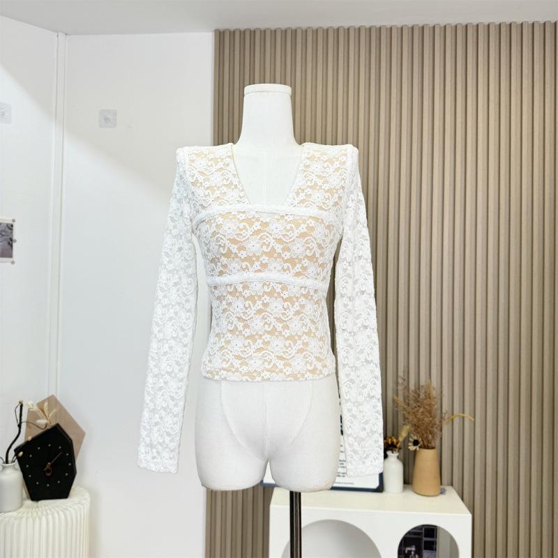 

Qiao er Женская приталенная футболка с V-образным вырезом во французском стиле, кружевом и длинными рукавами-суфле S (less than 95 jin) молочный белый