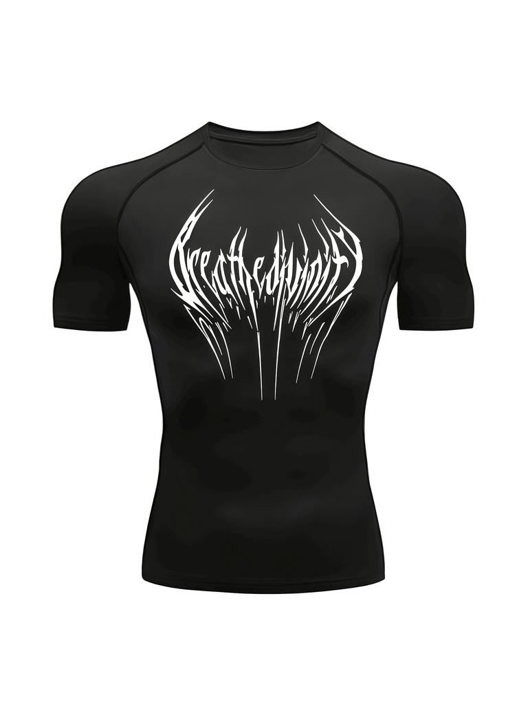 Mens Black Compression Short Sleeve T-Shirt White Abstract Tribal Wing Graphic Quick Dry Breathable High Elasticity Gym Workout And MMA Athletic Top