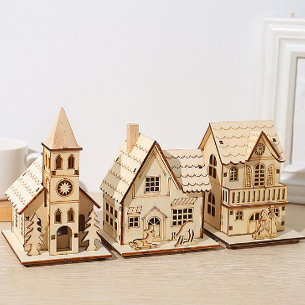 3pcs Wooden Glow Village Houses LED Luminous Table Christmas Cabin Snow House Christmas Tree Decoration Gift Window Display