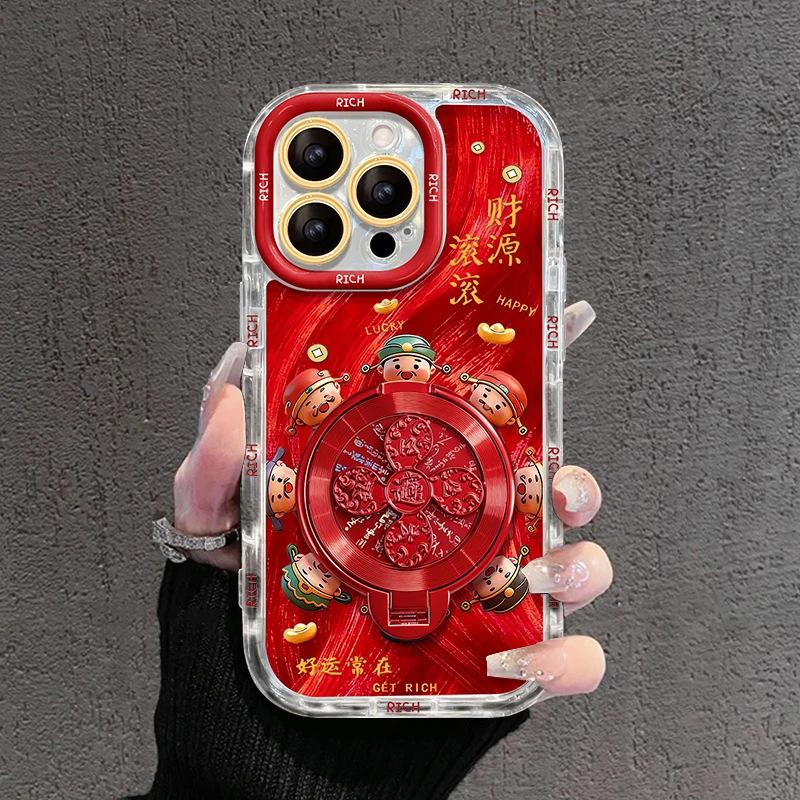 New Year's red wind and water bracket is suitable for Apple 16/17 mobile phone case IP15 puff feather yarn 14/13 all-inclusive 12