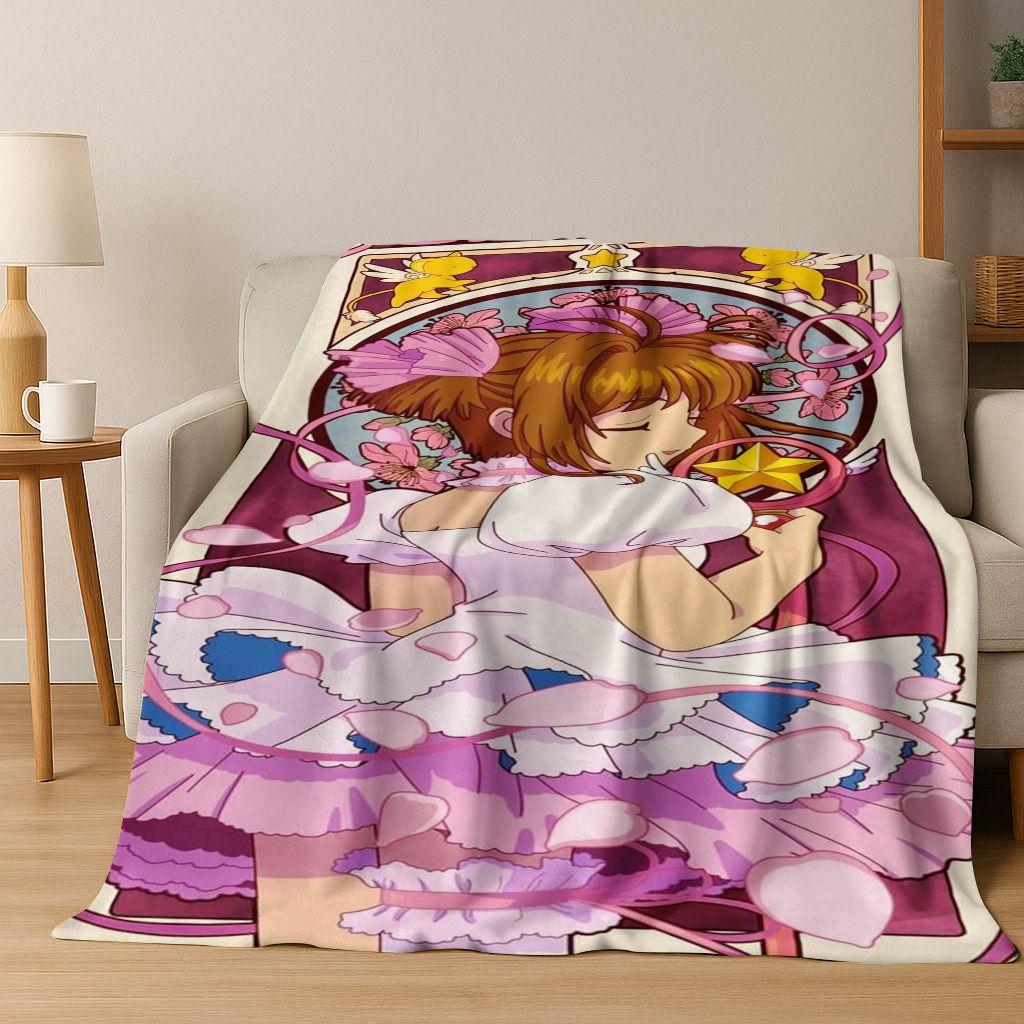 Cute Cartoon Card Captor Sakura Magic Girl Anime Art Flannel Blanket,Cozy Soft Throw Blanket for Home Bedroom Bed Sofa Cover Kid
