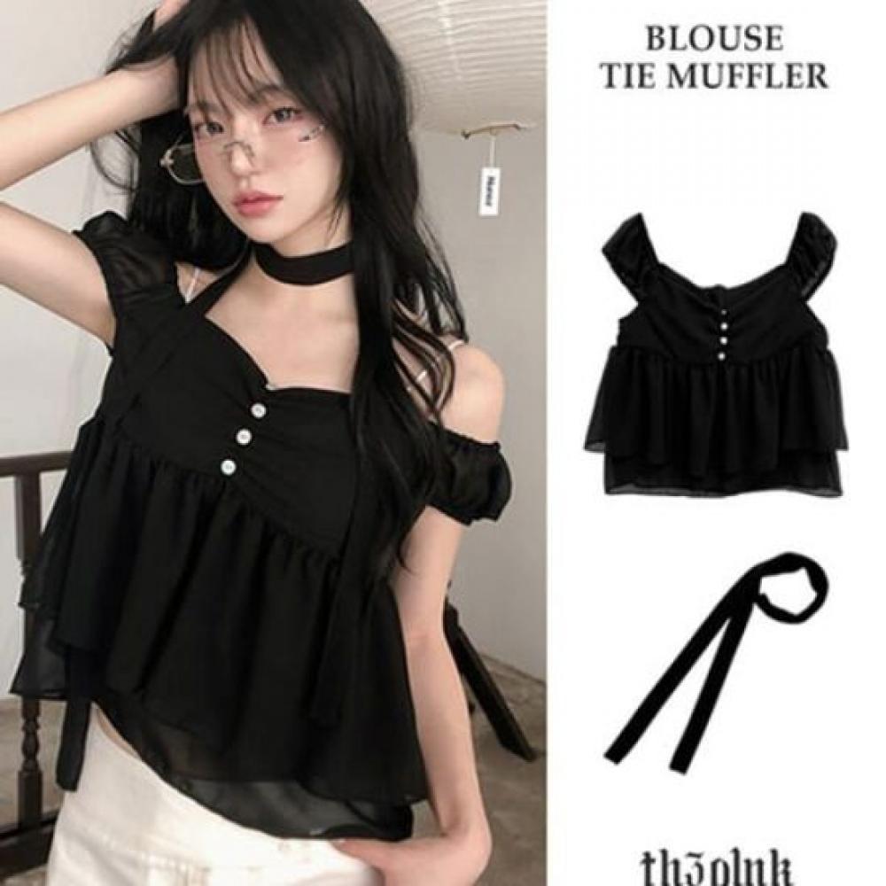 The Pink Women S Chiffon Shirring Short Sleeve blouSe + Tie Muffler