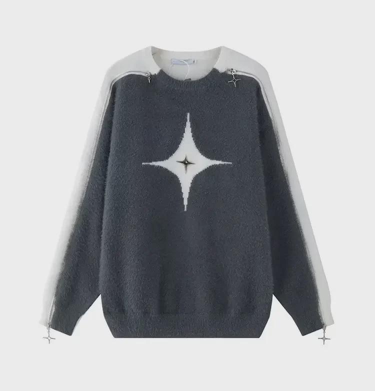 

2024 Унисекс Черно-белый свитер с открытыми плечами на молнии: Уникальный, свободный, с длинными рукавами и круглым вырезом M серый