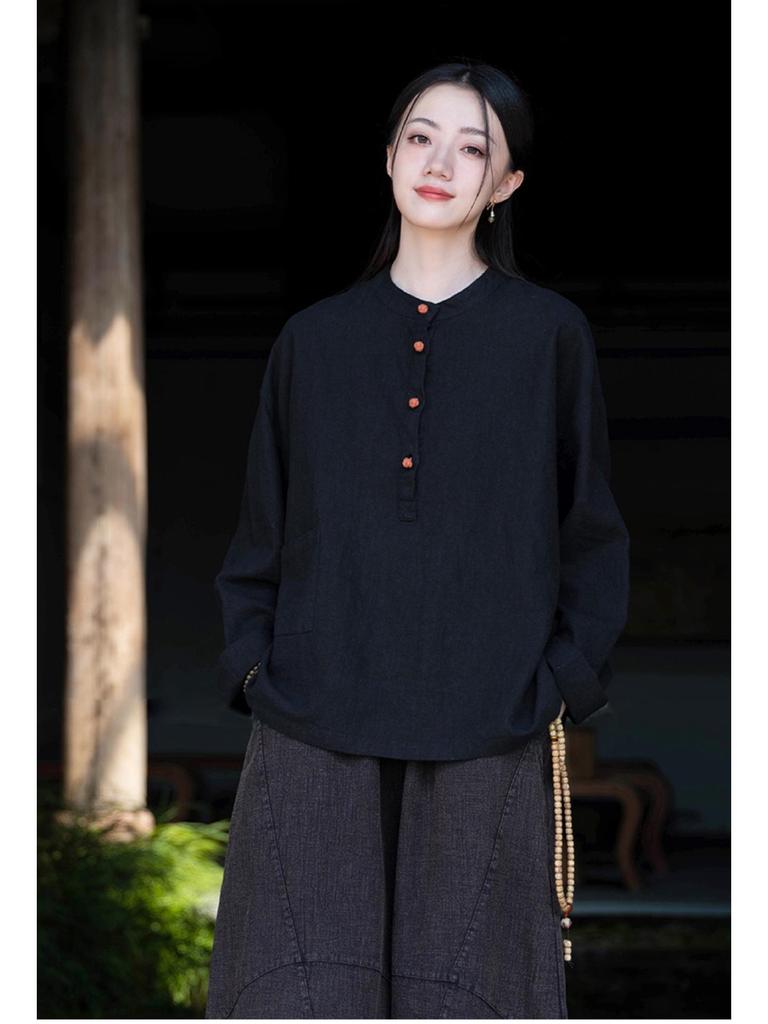 Spring/Autumn New Chinese Style Cotton Linen Women's Stand Collar Pullover Long Sleeve Shirt - Retro, Literary, and National Style Temperament.