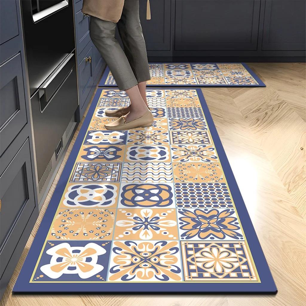 Non-slip PVC Kitchen Floor Mat Waterproof Oil-proof Leather Rug American Retro Home Decoration Long Foot Mats