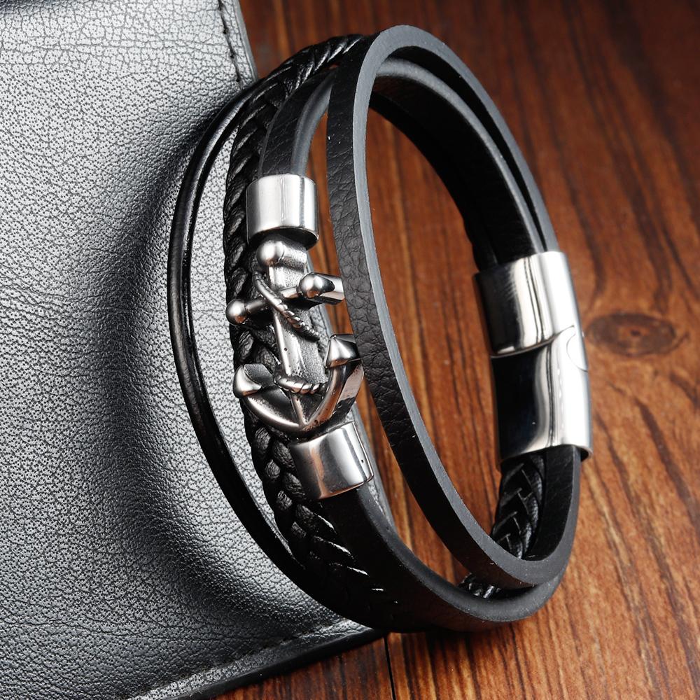Pulsera de Cuerda de Moda para Hombre Pulsera de Cuero de Doble Capa Accesorios de Acero Inoxidable Homme Regalo de Joyería para Amante Esposo