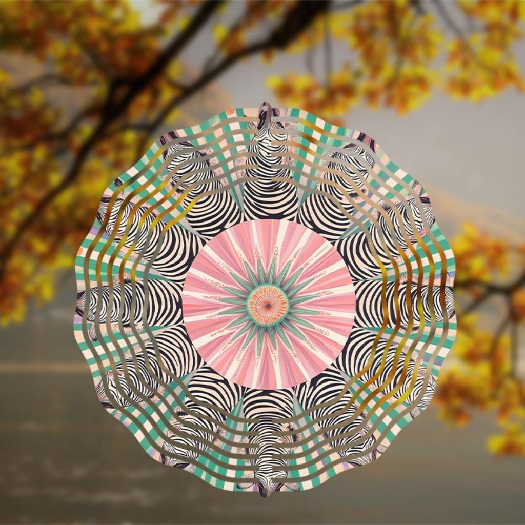 360 Degree Rotating Metal Wind Chime 10 Inch Vibrant Zebra Floral Design Perfect for Garden Balcony Yard Decor Year Round Outdoor Charm