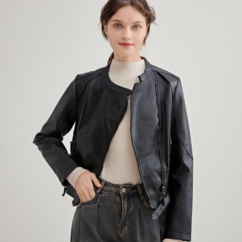 Womens Stand Collar Slim Fit PU Leather Moto Jacket Short Casual Coat