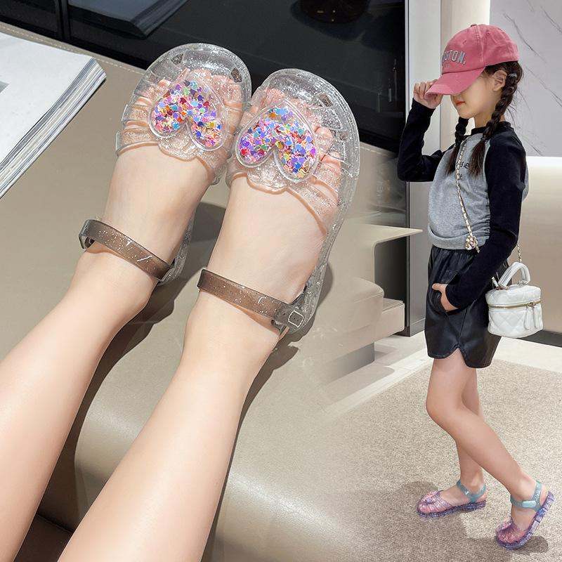 2026Sandały Dziecięce Outdoor Kryształowe Buty Galaretkowe PVC Miłość Dziecko Moda Płaskie Dla Dziewczynek Oddychające Antypoślizgowe Fioletowy Srebrny Rozmiar 24-35