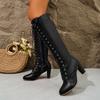 Übergröße Europäische Schnürstiefel Damen Winter Chunky Hoher Absatz Mode Stiefel Damen Stiefel Knielang Weit