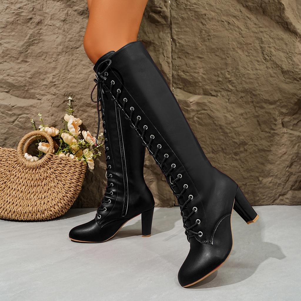 Übergröße Europäische Schnürstiefel Damen Winter Chunky Hoher Absatz Mode Stiefel Damen Stiefel Knielang Weit