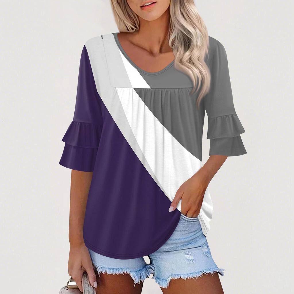 3/4 Length Sleeve Womens Tops Dressy Casual Blouses Bell Ruffle Sleeve Loose Fit Tunic Tops V Neck T Shirts