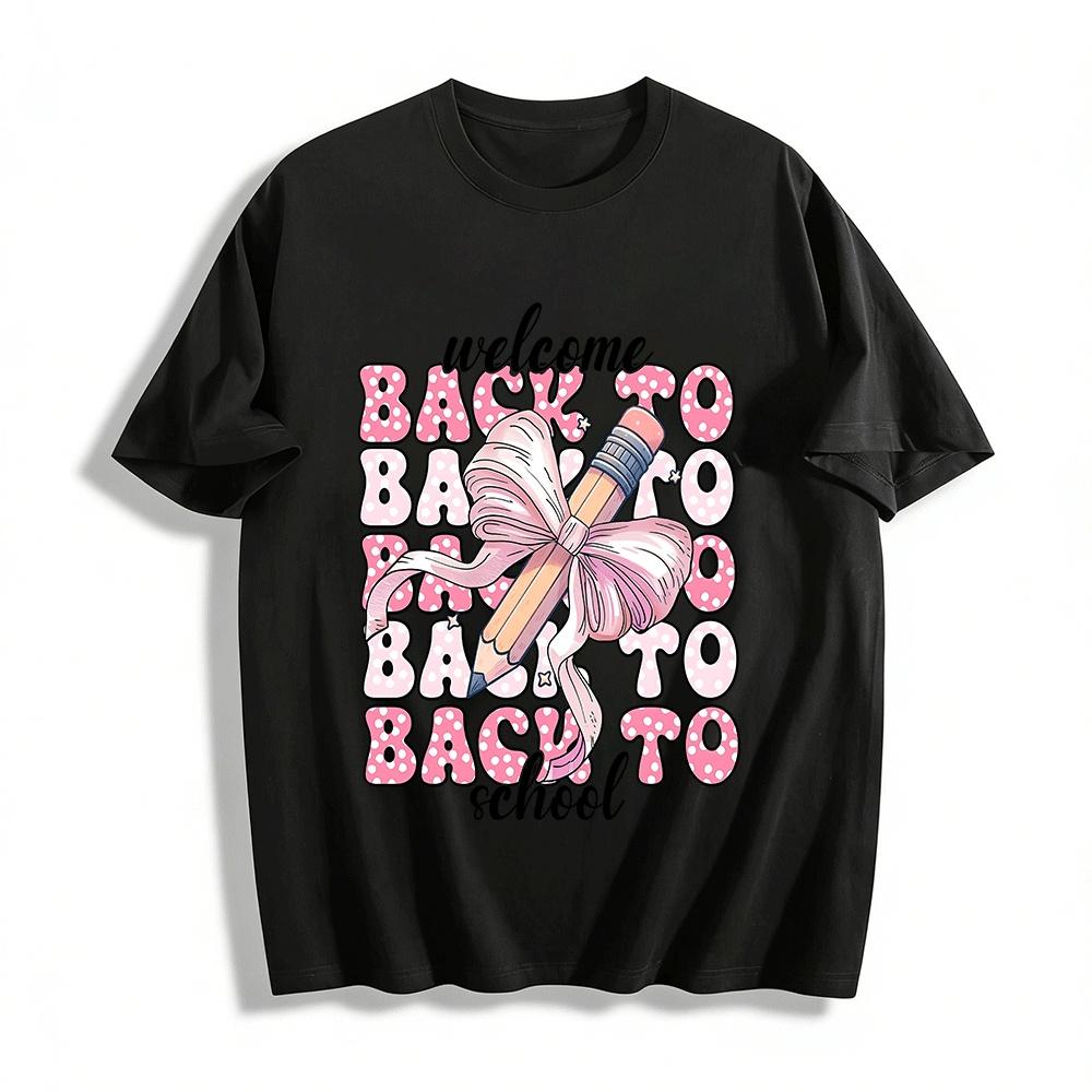 Welcome Back To School Pencil Bow Print Casual Crewneck Top Pure cotton T-shirt XXS