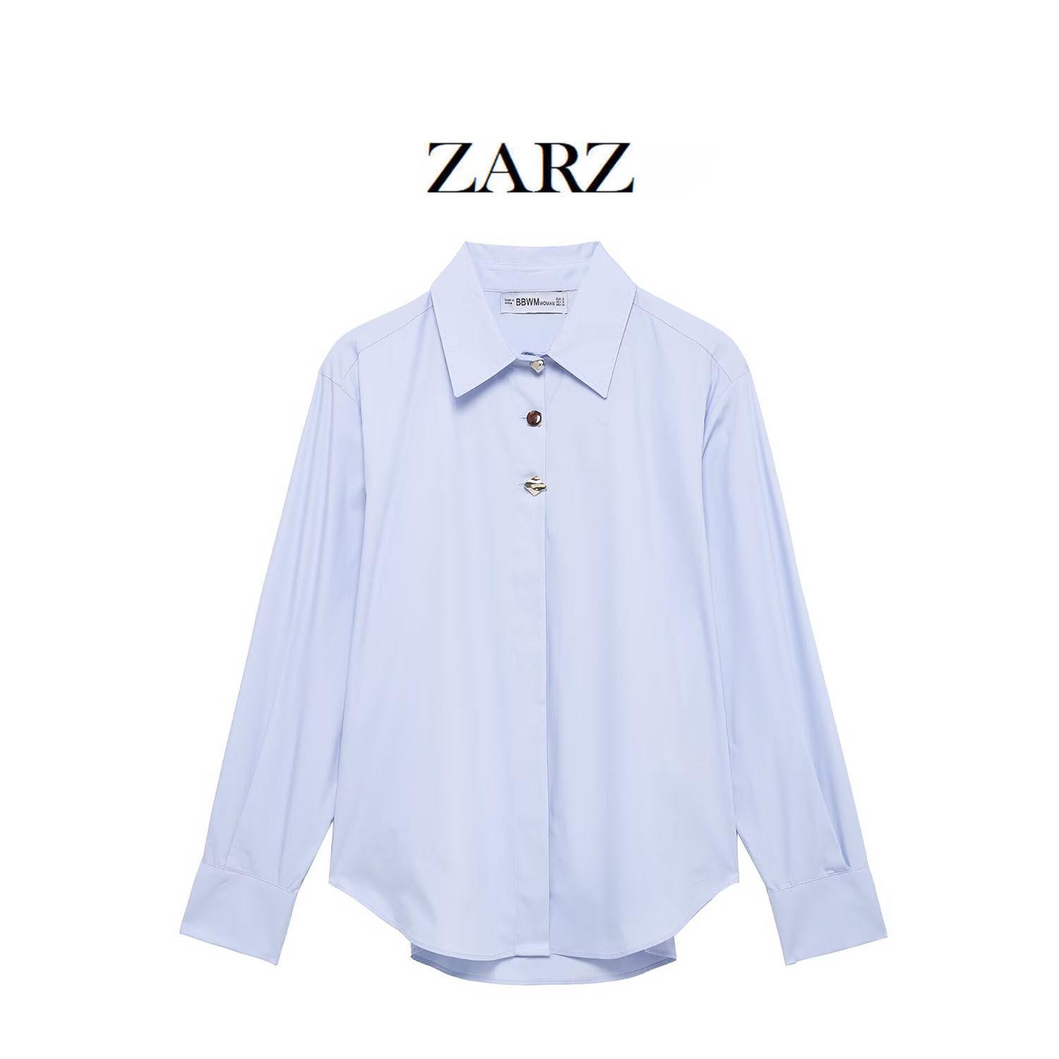 

ZARZ Women s Classic Fashion Patchwork Button Poplin Shirt Extra Small синий