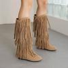 2025 Plus Size Cow Suede Material Tassel Women's Mid-Calf Boots Flat Wedge Heel Short Plush Lining Winter Show Flock Tassel Boot