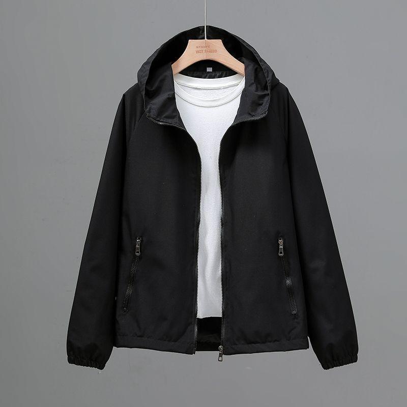 Frühlings- und Herbst Damen Winddicht und Wasserdicht Einfarbig Kapuzenjacke mit Reißverschluss Locker Lässige Jacke