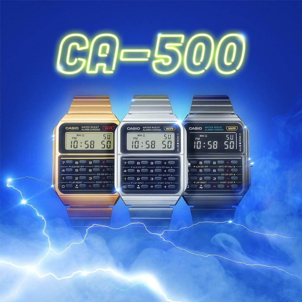 Casio CA500WE-1A Taschenrechneruhr Silbernes Armband Unisex Großes Schwarzes Zifferblatt 43,2×34,4×8,2mm Klassisch
