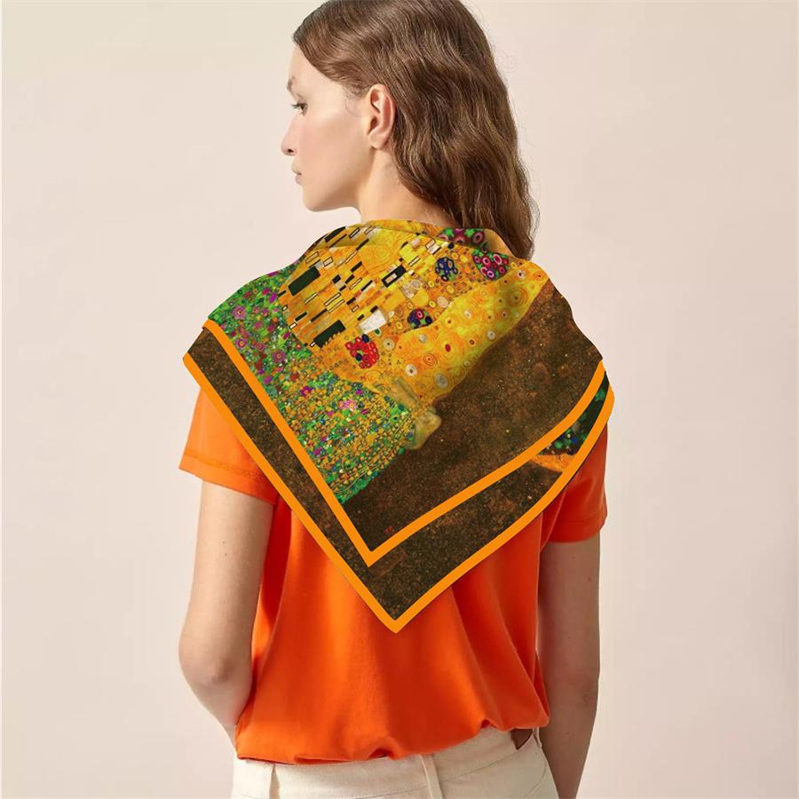 Silk Scarf Women Klimt Kiss Print Square Scarves Head Echarpes Silk Foulards Femme Wraps Beach Shawls Bandana Lady Hijabs 90CM