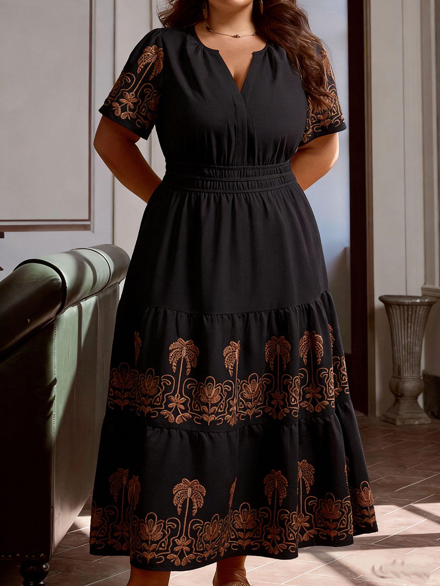

2026 Summer European & American Fashion V-Neck Printed Short Sleeve Cinched Waist Long Dress 2XL чорний