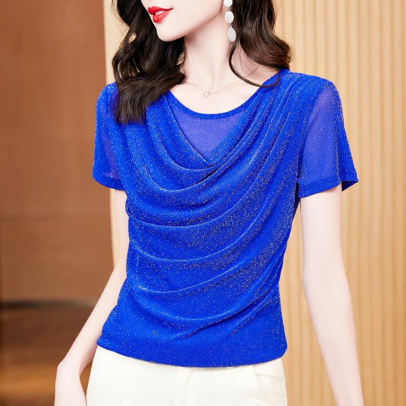 Short-sleeved T-shirt Women's Summer Dress Design Sense Irregular Bright Silk Shirt Foreign Style Small Top