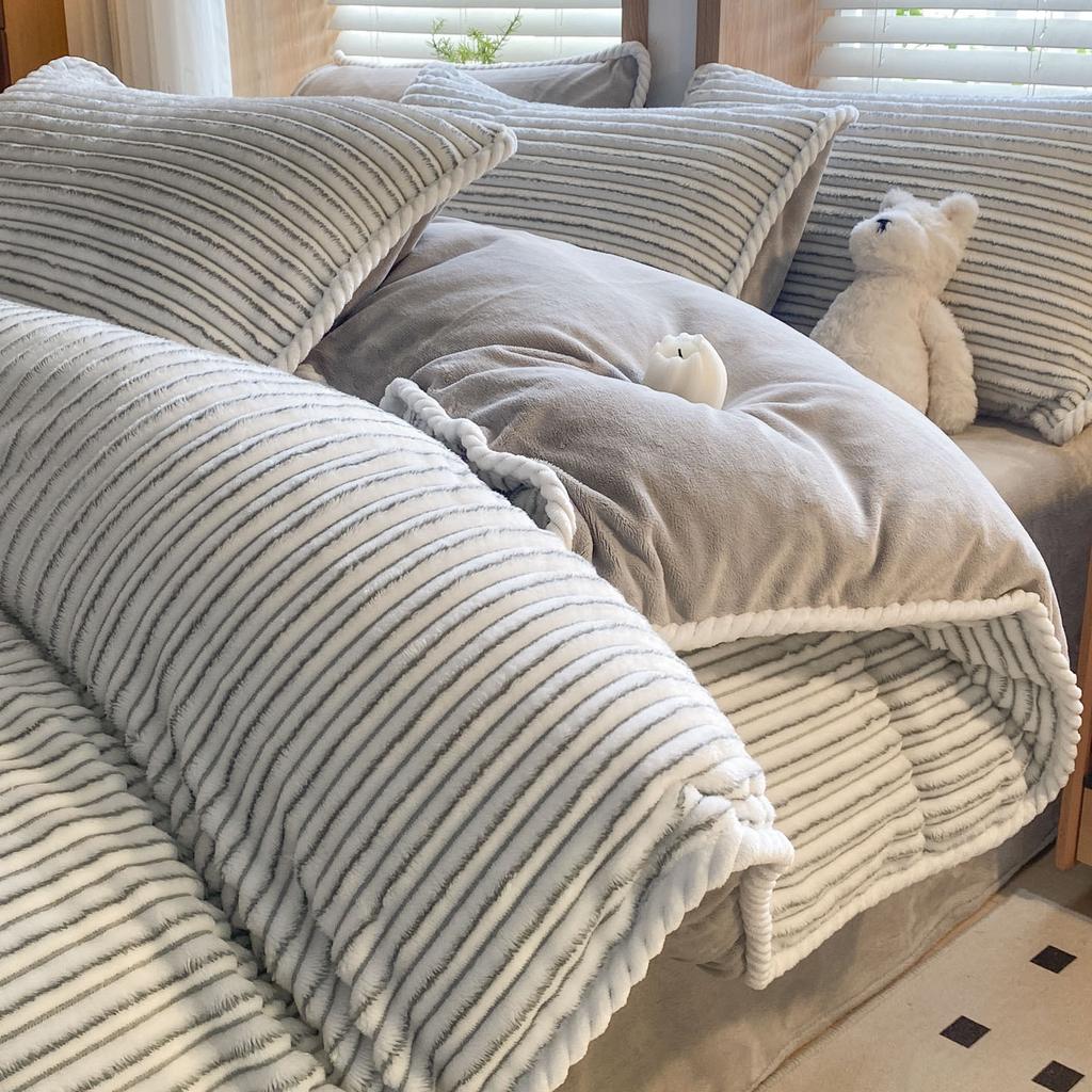 Jacquard Hemming Thickened Milk Fleece Four-Piece Set Double-Sided Fleece Quilt Cover Dormitory Three-Piece Set Bedding