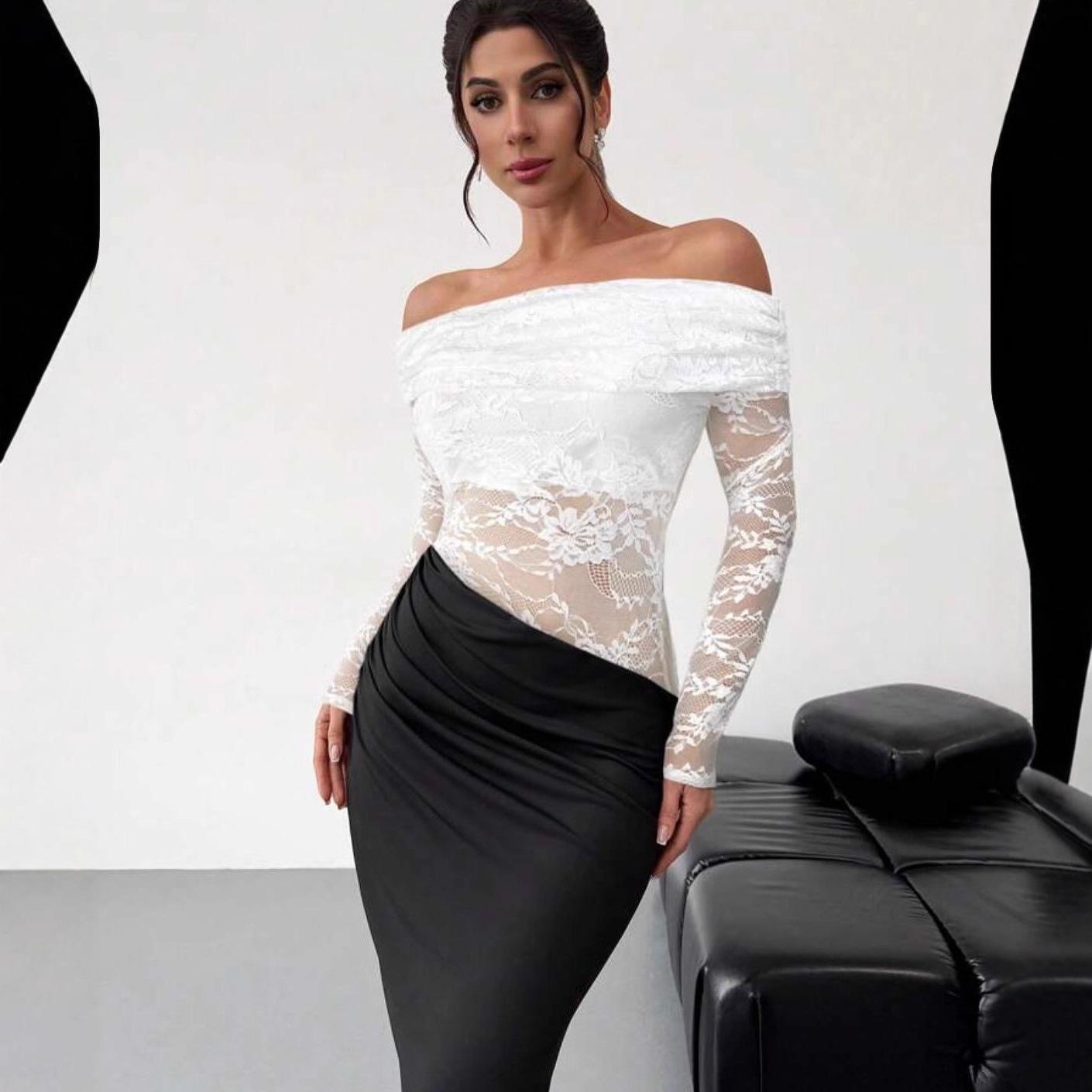 

Европейское и американское платье с открытыми плечами, кружевными длинными рукавами - Сексуальный, высококлассный, облегающий бедра летний стиль L белый