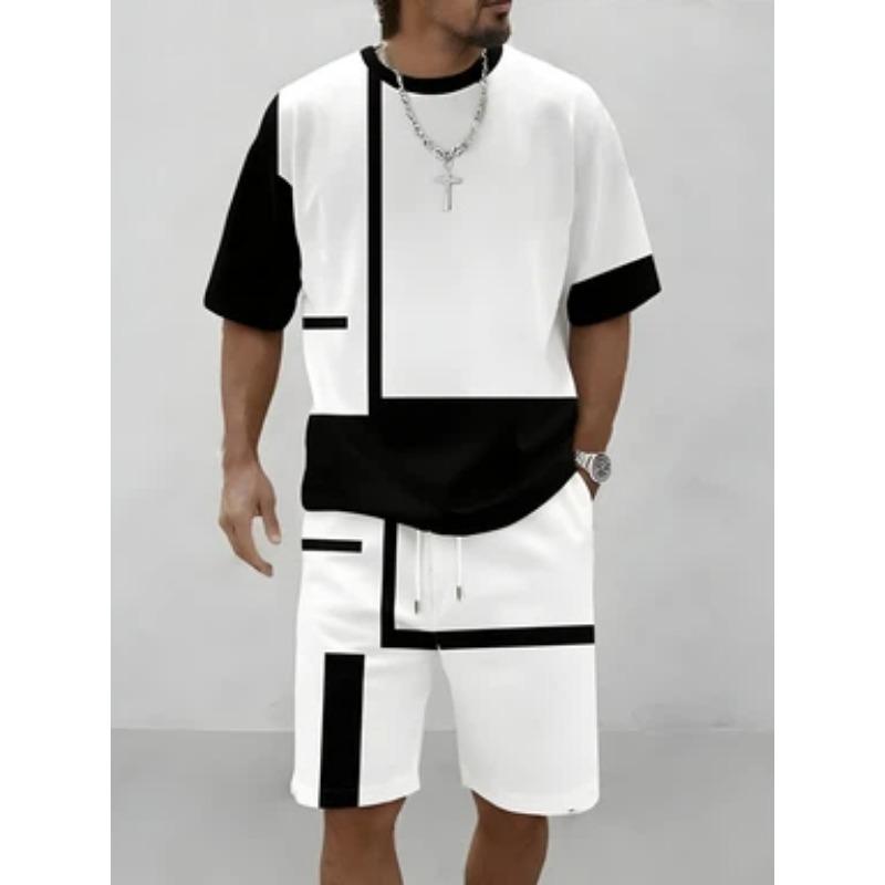 Men's blue and white geometric block patchwork short-sleeved T-shirt suit