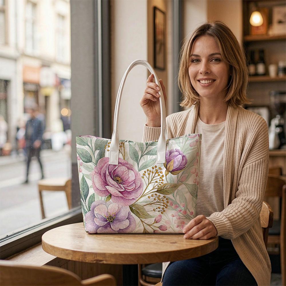 Elegant Watercolor Floral Women Casual Daily Tote Bag Fashion Lightweight Commuter Shoulder Bag