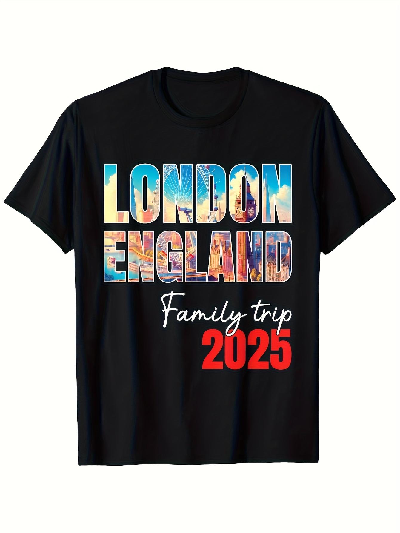 

London England Family Trip 2025 Cotton T-shirt - Short Sleeve Crew Neck Casual Summer Tee with Vibrant Cityscape Print M