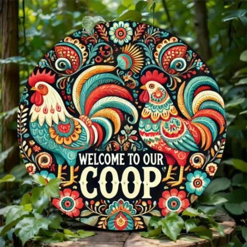 Vintage Style Round Metal Tin Sign 20x20cm Farmhouse Chicken Cage Wall Decor