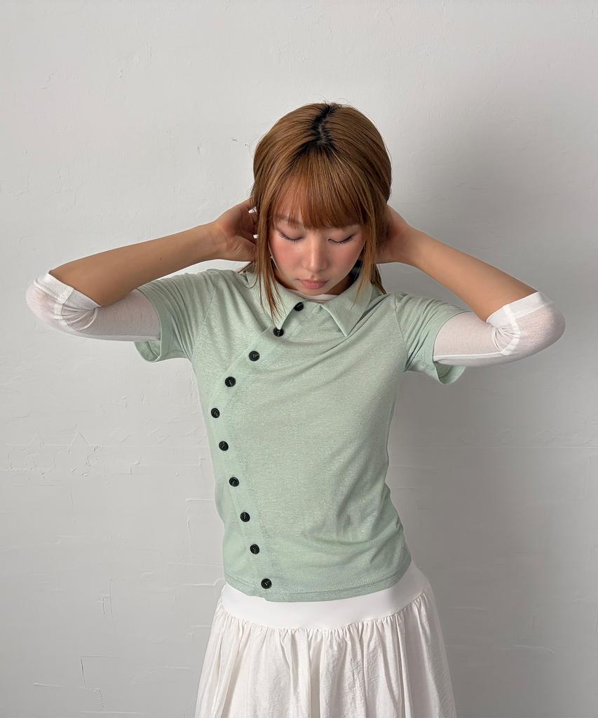 CHICKS Stand Collar Asymmetrical Shirt Mint