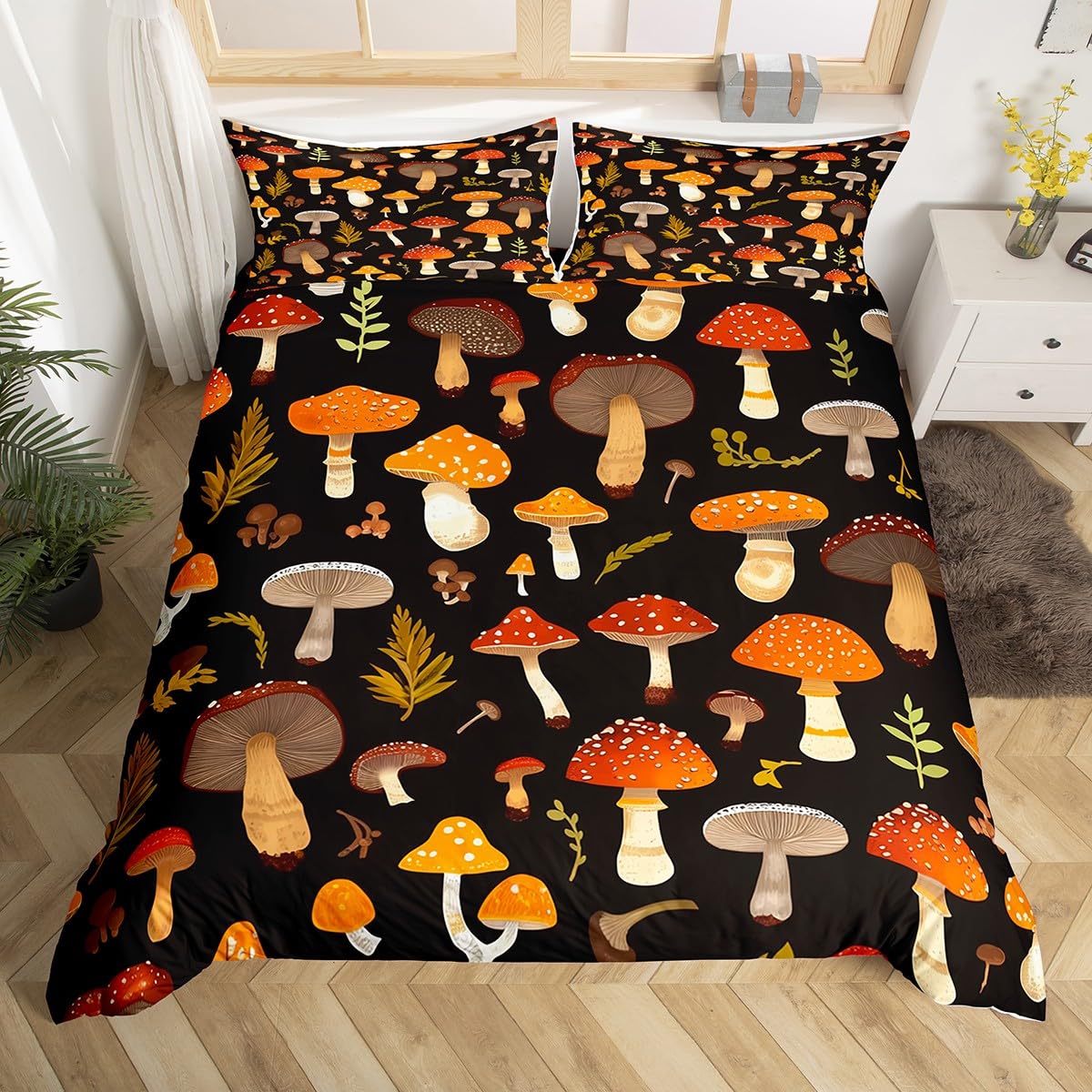 

Wild Mushroom Bedding Set King Queen Cute Mushrooms Comforter Cover Kawaii Fungus Duvet Cover Cartoon Plant Leaves Quilt Cover EU Single(135x200cm)