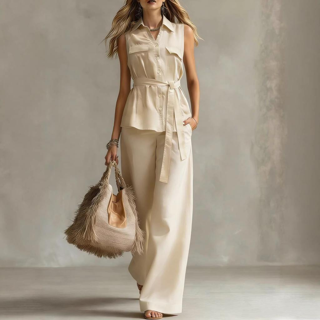 2026 New Summer European and American Cross-border Comfortable and Casual Sleeveless Waist Tie-up Collar Shirt Trousers Two-piece Women's Clothing