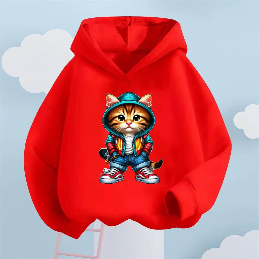 2025 Autumn/Winter Cool Skateboarding Cat Printed Children's Hoodie, Girls' Fashion Versatile Sportswear