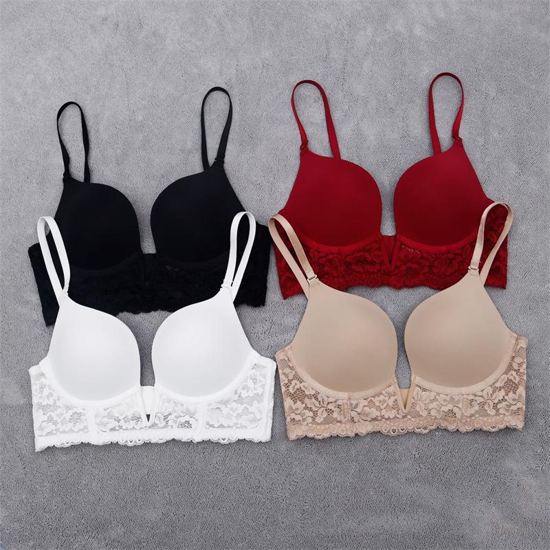 French Sexy Bra Deep V Seamless Underwear Women Lace Embroidery Push Up Bras Summer Detachable Strap Backless Brassiere