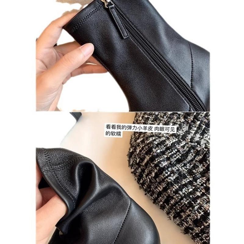 Cowhide Version~ Retro Leather Pointed Side Zipper Thin High Heel Short Boots Women's Elastic Thin Boots