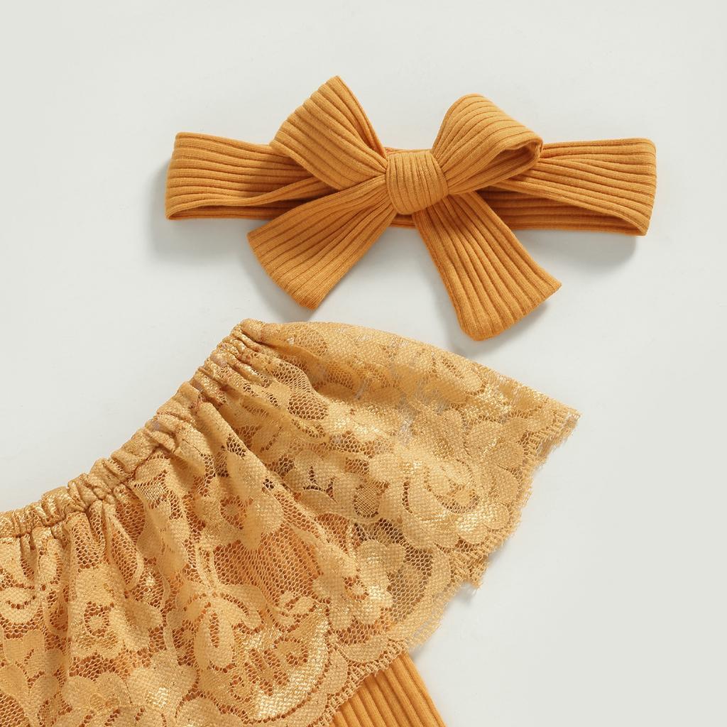 Baby Girls Pants Set, Sleeveless Lace Patchwork Romper with Tasseled Flare Pants and Headband