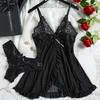 Contrast Transparent Lace Ruffle Trim Lingerie Set Deep V Teddy Babydoll Dress & Thong Women's Sexy Lingerie Erotic Underwear