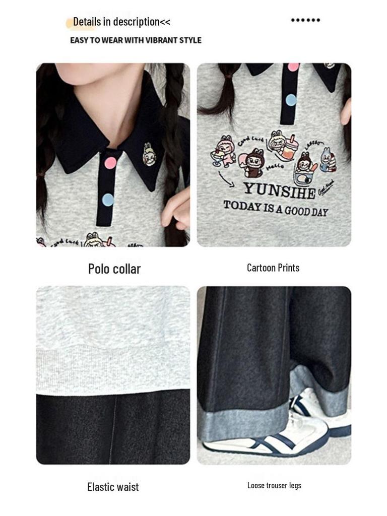 Mädchen 2025 Herbst Polokragen Raglanärmel Sweatshirt - Stilvolles Herbstoberteil für mittlere und große Kinder