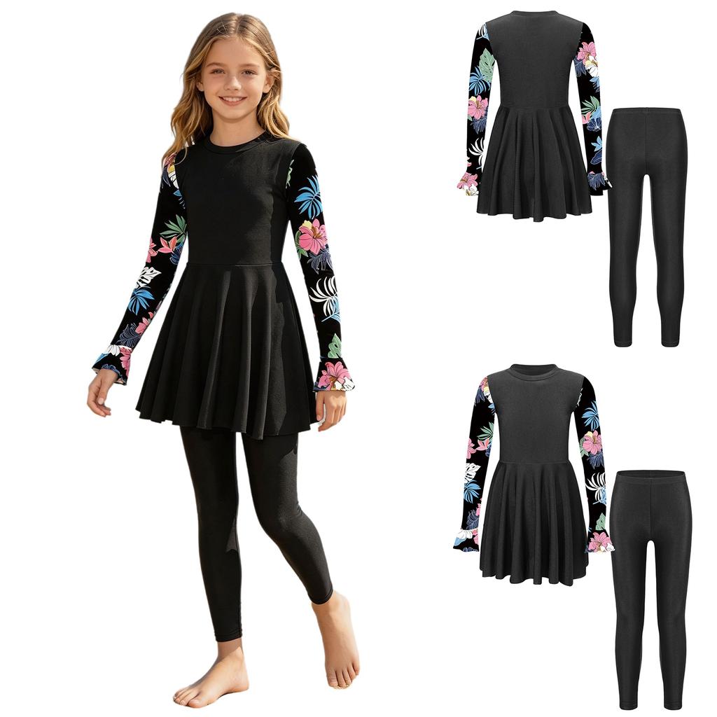 Kids Girls Two Piece Swimsuit Set Long Sleeve Floral Print Short Dress with Pants Rash Guard for Pool Beach Summer Swim