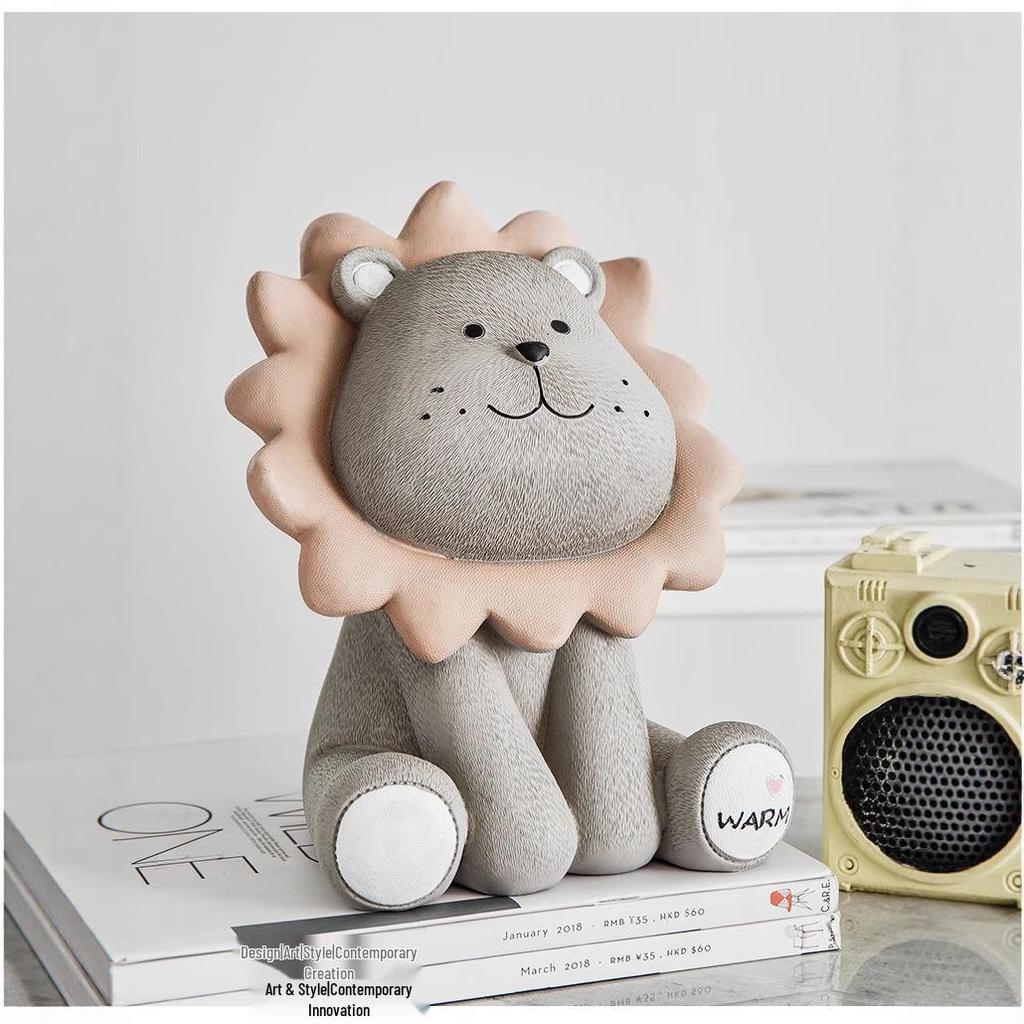 Large Nordic Lion Piggy Bank: Cute Decorative Coin Holder for Children's Room or Living Room