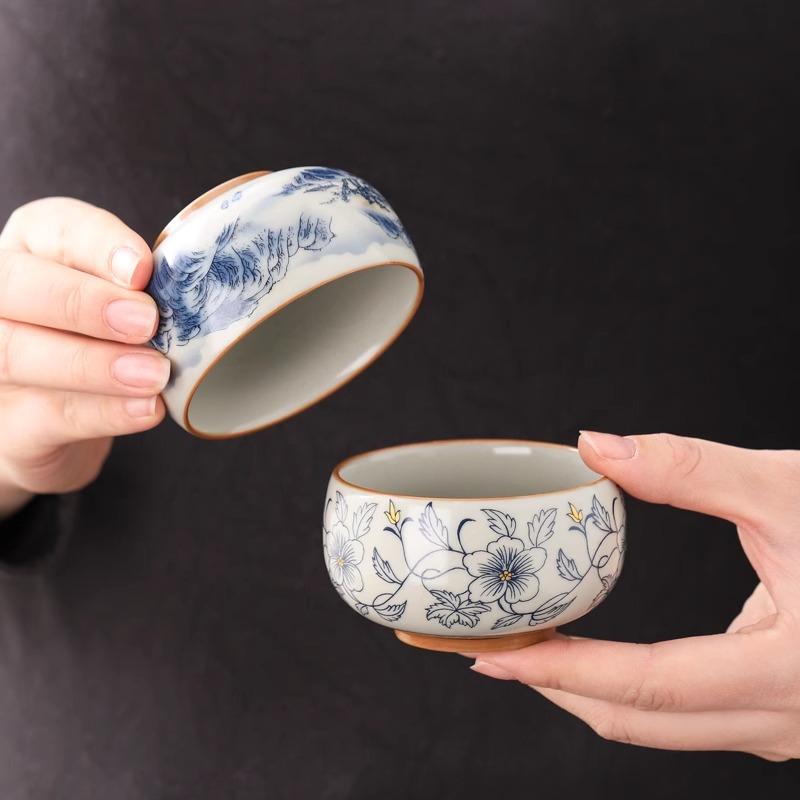 1pc  Beige Ru Kiln Master Cup Single Cup Ceramic Household Kung Fu Tea Cup Retro Blue and White Cup  Master's Cup Tea Set