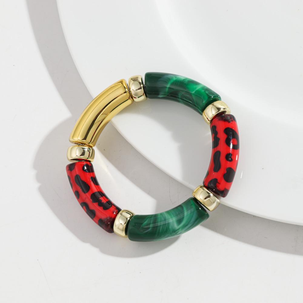 Leopard Colorful Bamboo Curved Tube Bracelets for Women Men Punk Resin Thick Beaded Elastic Stackable Bangles Retro Jewelry Gift