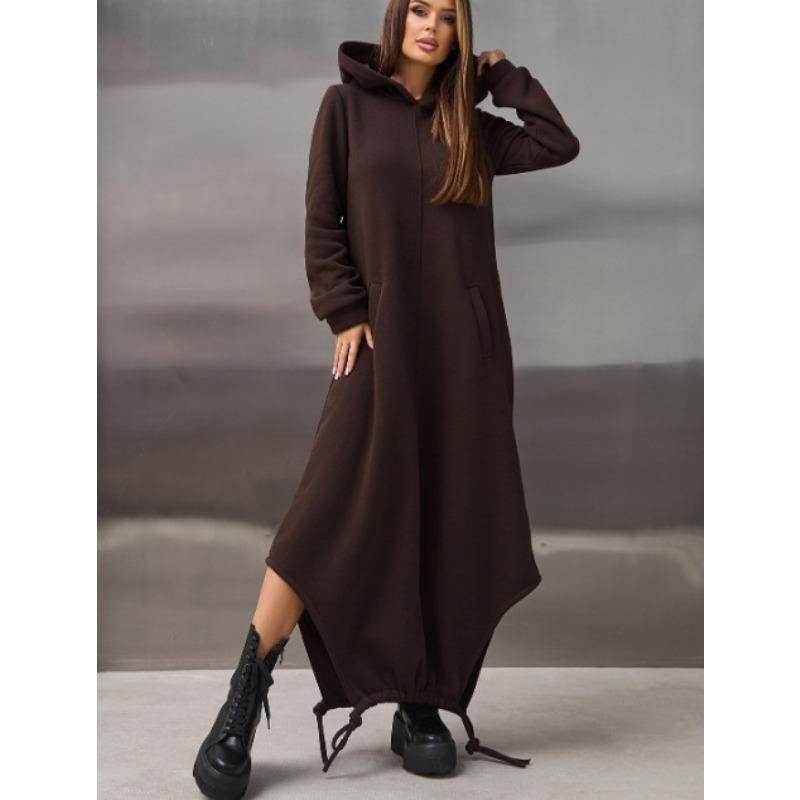 JPNTKY Women's Fashion Casual Solid Color Print Autumn Winter Long Sleeve Hoodie Dress